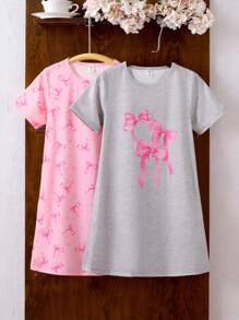 4pcs/Pack Tween Girls Minimalist Butterfly Print Round Neck Short Sleeve Long Nightgown Loungewear, Black And Pink Clothes For Girls 10,Children's Girls' Pajamas,Back To School - Multicolor - View 9