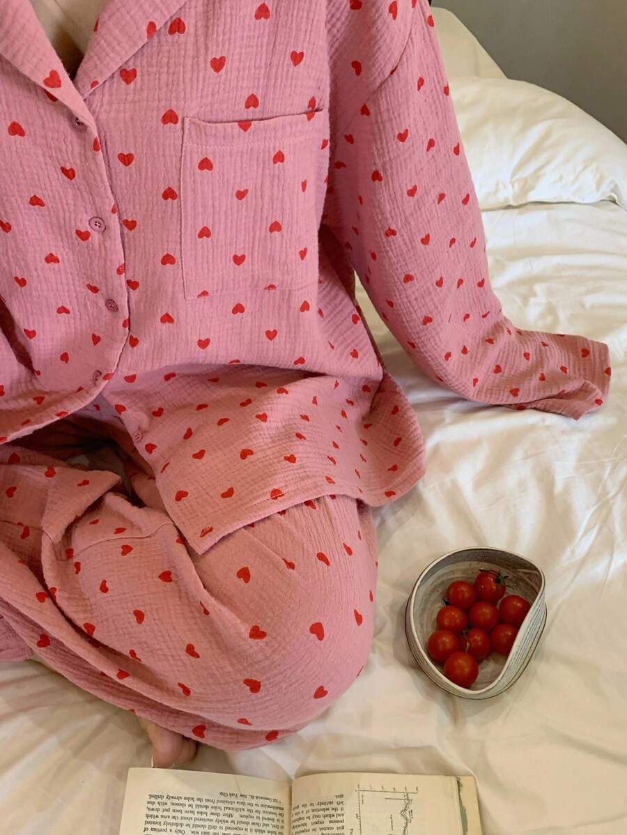 Dazy Plus Plus Size Heart Print Turndown Collar Loose Top & Pants Pajama Set, Home Wear, Fall Winter Clothes Valentine's Day - Watermelon Pink - View 1
