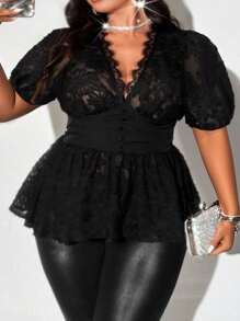 Plus Size Women V-Neck Lace Short Puff Sleeve Blouse - Black - View 5