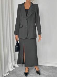 Chiquease Women's Business Style Solid Color Blazer Jacket & High Slit Skirt Suit Set, Suitable For Commute Fall Cloth For Women - Dark Grey - View 3
