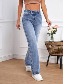 SHEIN Tall 休闲水洗不对称腰直筒牛仔裤 - 藍色 - 查看 6