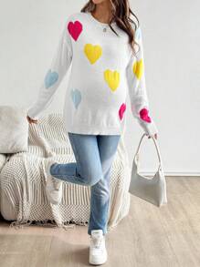 SHEIN Pregnant Women Heart Pattern Round Neck Drop Shoulder Casual Everyday Sweater Fall Winter Clothes Maternity Sweater - Multicolor - View 7