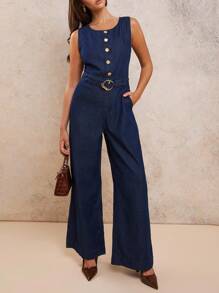 COSMINA 女士无袖牛仔连体裤，休闲夏季 - 藍色 - 查看 3