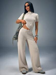 CasuGlow Women Comfy Cozy Knit Top And Knit Pants 2pcs Two Pieces Set Ribbed Two Piece Set Wide Leg Pants Set Women Clothes Modest Pajama Knitted Two Piece Set Womens Two Piece Outfit Two Piece Pants Set - Dusty Pink - View 1