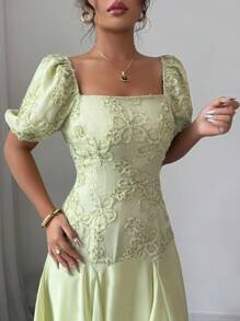 Elenzga Women's Fashion Elegant Romantic Square Collar Patchwork Embroidered Dress - Green - View 5