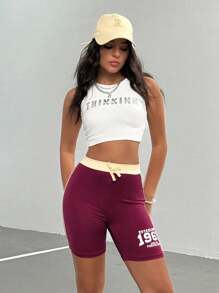 SHEIN Teen Girls Casual Numeric Print Bow Decor Leggings - Burgundy - View 6