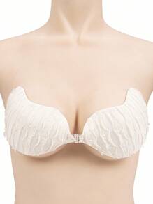 SHEIN 1pc Solid Color Textured Lace Trimmed Bandeau Bra - Apricot - View 1