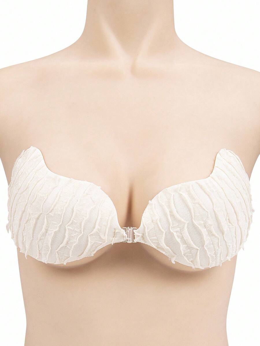 SHEIN 1pc Solid Color Textured Lace Trimmed Bandeau Bra - Apricot - View 1