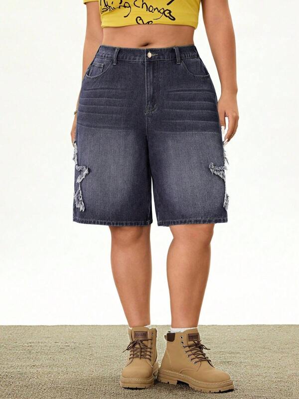 SHEIN EZwear Plus Size Women Fashionable Star Printed Brushed Denim Shorts For Summer