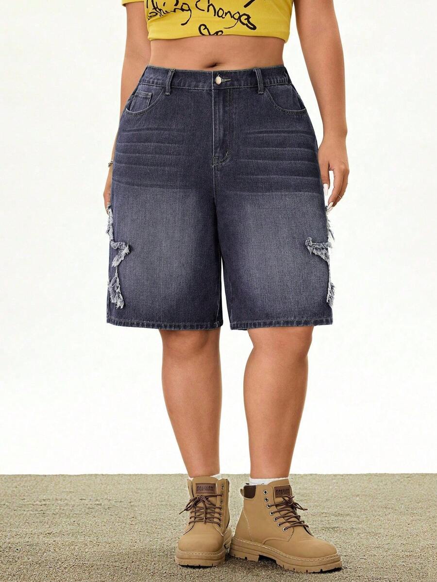 SHEIN EZwear Plus Size Women Fashionable Star Printed Brushed Denim Shorts For Summer - Black - View 1