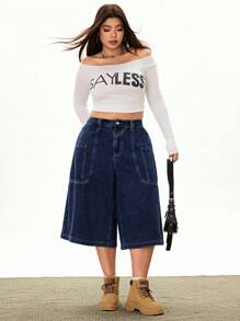 Rivivi Plus Size Women Pocket Patchwork Loose Washed A-Line Wide Leg Jeans