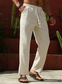 Manfinity RSRT Quần dài nam dáng rộng thoải mái, cạp rút dây màu trơn - Màu be - Xem 4