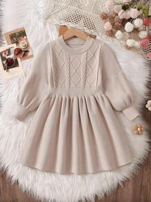 Elladie kids 年轻女孩温暖杏色麻花针织毛衣裙，百搭柔软圆领长袖针织连衣裙，舒适休闲，适合春秋冬日常穿着
