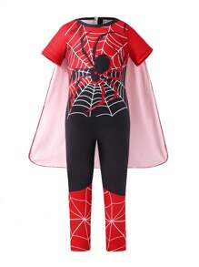 SHEIN 两件套男童蜘蛛侠角色扮演服装，买一送一，包含短袖连体衣和披风，适合角色扮演表演、活动、返校季、秋冬季。