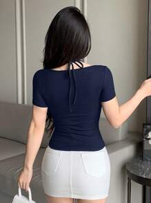 DAZY Women's Summer Casual Bowknot Detail Sexy Form-Fitting Short Sleeve T-Shirt - Navy Blue - View 3