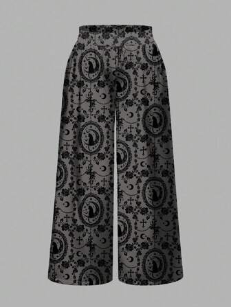 Goth Pantaloni larghi e morbidi, stile gotico, taglia grande, con stampa di gatti e lune, e catene
