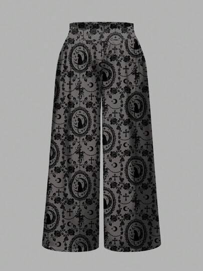 Goth Pantaloni larghi e morbidi, stile gotico, taglia grande, con stampa di gatti e lune, e catene