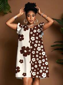 Maweii 大码女式花卉印花圆领撞色袖套中长连衣裙，休闲时尚风格 - 彩色 - 查看 3