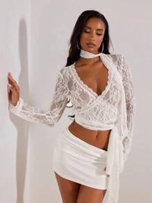 Opulessa Women's Floral Lace Long Sleeve Cropped Sexy Fitted Blouse Holiday Outfits Summer Outfits Vacation White Lace Top Lace Long Sleeve Top White Sheer Top Lace Wrap Top White Lace Crop Top