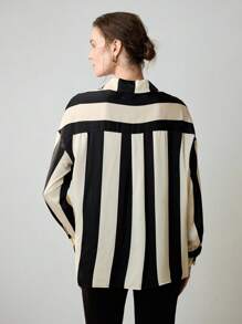 Uhlyne White Blouse,Business Casual,Work Wear Women,Office Outfits,Teacher Outfits For Women Collared Long Sleeve Striped Print Elegant Commuting Minimalist Women Shirt Fall Cloth For Women - Black - View 4