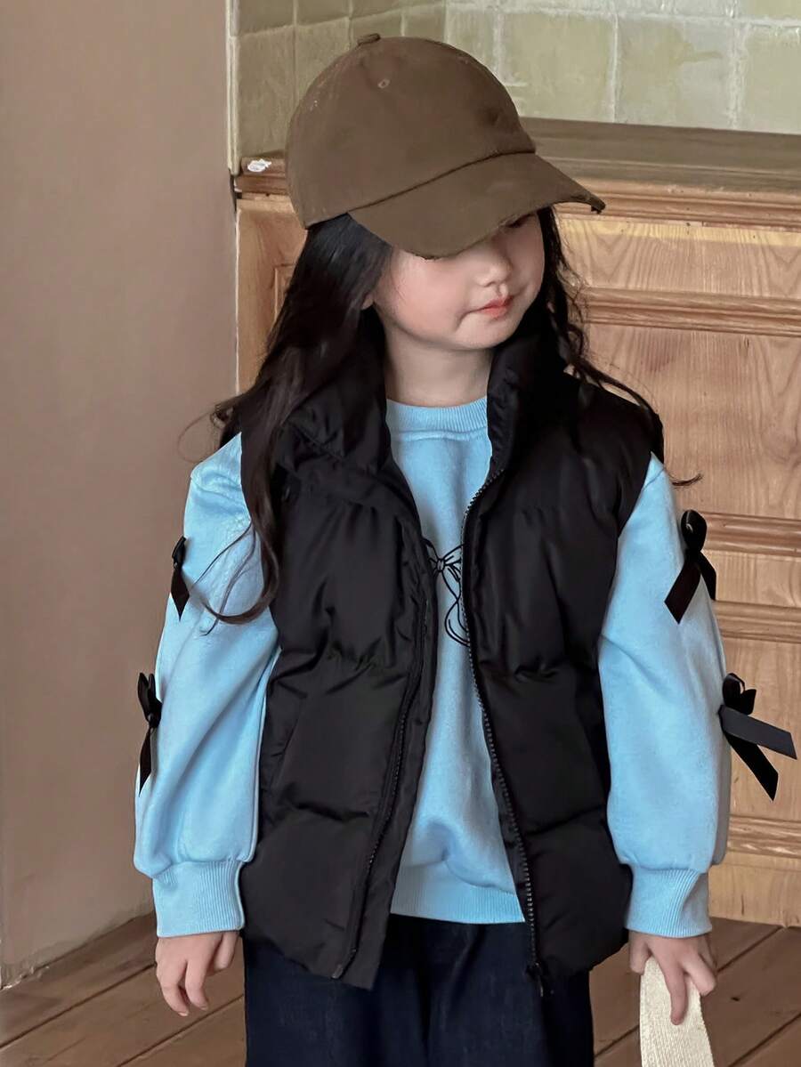 Dazy Kids Young Girls Plain Color Casual Waistcoat Jacket, Versatile For Autumn/Winter Vest - Black - View 1
