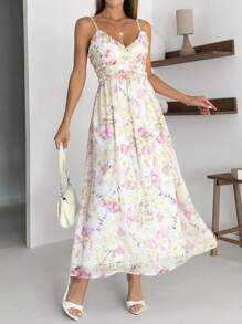 EURMUSE Floral Maxi Dress, Delicate Pastel Print, Spaghetti Strap Design, Empire Waist Cut, Soft Chiffon Material, Summer Collection, Romantic Style, V-Neckline Detail, Flowing A-Line Silhouette, Light Cream Base Color, Pink & Yellow Floral Pattern, Beach Wedding Appropriate, Feminine Design, Perfect For Summer Events, Premium Quality Fabric, Easy Care Material, Vacation Ready Style, Elegant Daily Wear, Comfortable Fit, Spring-Summer Essential - Multicolor - View 1