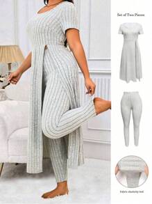 SHEIN LUNE Plus Size Women Solid Color Simple Daily Short Sleeve Top & Long Pants Set - Grey - View 1