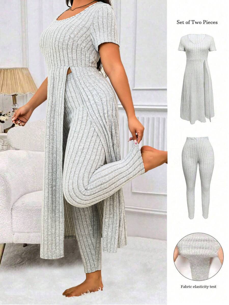 SHEIN LUNE Plus Size Women Solid Color Simple Daily Short Sleeve Top & Long Pants Set - Grey - View 1