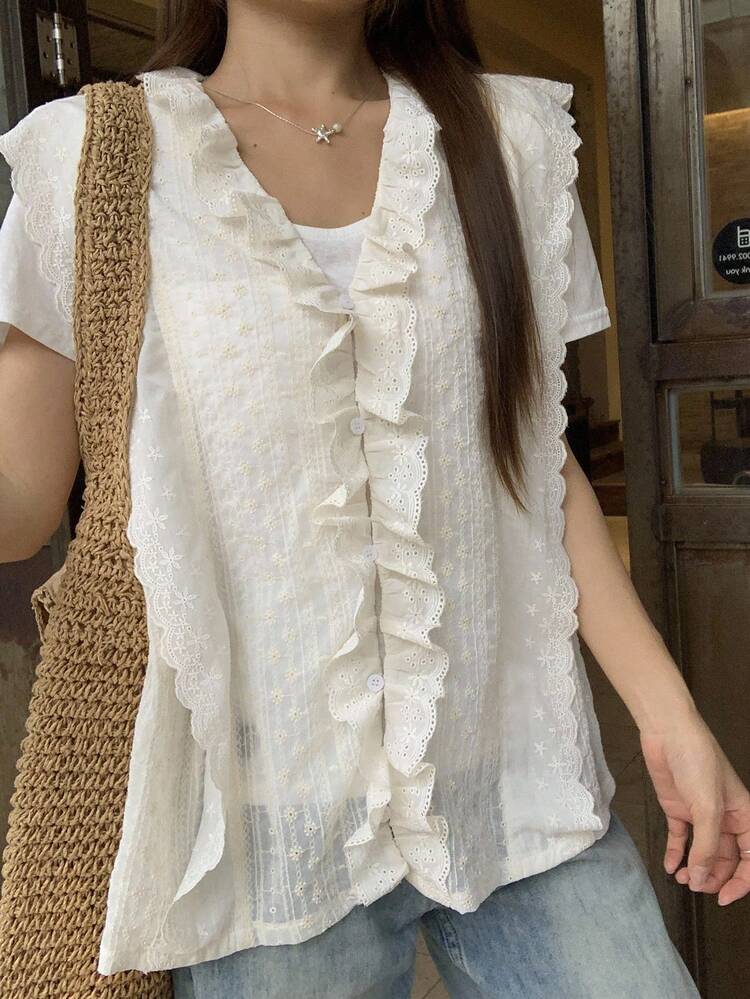 Korean Style Lace Sleeveless V-Neck Short Sleeve Blouse For Women Vacation