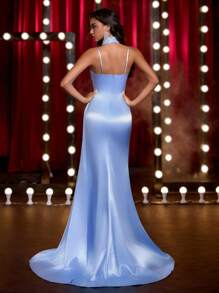 Glamrae 优雅浅蓝色奢华串珠拼接缎面吊带裙，深 V 领，鱼尾下摆，高开衩，层叠荷叶边和可拆卸颈链，适合约会、度假、生日、单身派对、毕业典礼、婚礼、正式晚宴、舞会