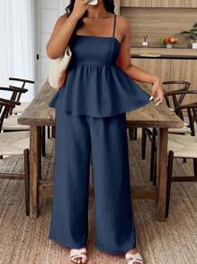 EMERY ROSE Plus Size Solid Color Camisole Top And Wide Leg Pants 2 Pieces Set Elegant - Navy Blue - View 6