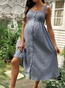 SHEIN Nursing Dress With Wide Strap, Button Front, Open Shirred, Adjustable Back Straps, Striped Maxi Dress - Navy Blue - View 6