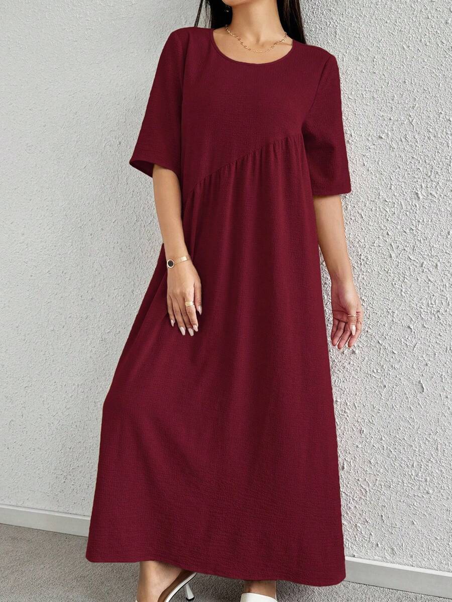 Mulvari Vestido Casual Solto com Babados, Decote Redondo e Manga Curta, Cor Sólida, Verão - Vinho - Visão 1