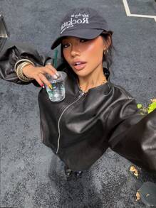 Muchica 秋冬女士仿旧仿皮花卉飞行员夹克 - 黑色 - 查看 4