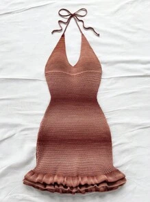 Soleia Coffee Brown Autumn Boho Vacation Holiday,Elegant Tropical Ombre Halter Neck Ruffle Knit Mini Dress,Beach Wedding Guest Graduation Brunch Attire - Multicolor - View 3