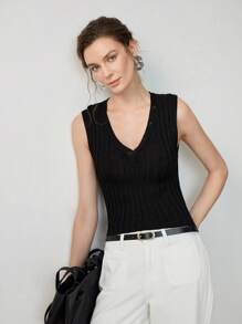 Uhlyne 女士简约 V 领插肩袖罗纹针织上衣，休闲优雅衬衫，适合外出约会，夏季/秋季 - 黑色 - 查看 8