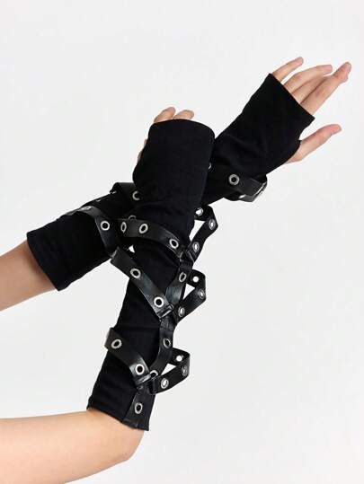 Grunge Punk 1 Pair Punk Rivet Decor Faux Leather Lace-Up Long Gloves, Y2K Style Solid Black Arm Sleeves, Party Gloves, Daily UV Protection Sleeve