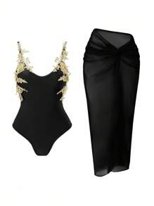 Swim Oasis Women's Gold Floral Embroidery Slimming Black One Piece Swimsuit With Skirt, Sexy Casual Outfit For Spring/Summer Vacation, Beach Party, 2pcs Set - Multicolor - View 2