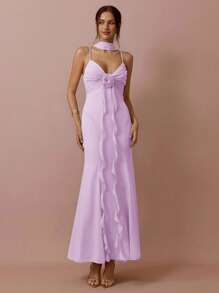 Enchnt Vestido elegante sin mangas de unicolor con decoración floral 3D y volantes en el bajo