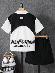 Tween Boy's Casual Big Letter Print Polo Shirt And Shorts Set,Black Classy Summer Vacation Clothes,Back To School Outfits For Party,School And Street - White - View 2
