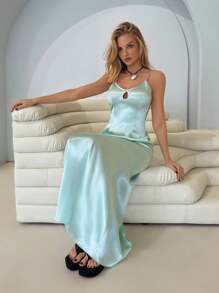 Roylia Damen elegantes, ausgestelltes rückenloses, figurbetontes Kleid mit Spaghettiträgern, geeignet für Sommertänze - Minzgrün - Übersicht 6