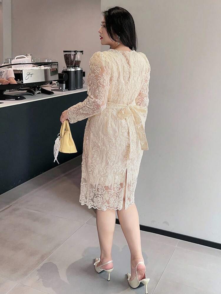 Dazy Plus Plus Size Lace Trim Round Neck Waistline Dress, Elegant Apricot Color, Spring/Fall Long Sleeve Dress, White Dress