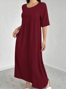 Mulvari Vestido Casual Solto com Babados, Decote Redondo e Manga Curta, Cor Sólida, Verão - Vinho - Visão 3