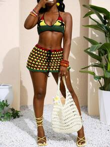 Slaydiva 2 Stücke Sommer 2025 Musikfestival, Ostern, Western Stil, Nomaden Stil, Pool Party, Sexy Urlaub, Kreuzfahrt Reise, Strand, Sonnen, Bademode, Blumen Muster Dreieck Top Bikini & Rock, Color-Block gehäkelter Strickpullover Set für Frauen
