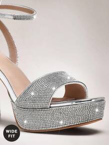 SHUZIA Women's Wide-Fit Rhinestone Ankle Strap Chunky Platform Heels For Christmas Valentine's Day Wide Fit - Silver - View 5