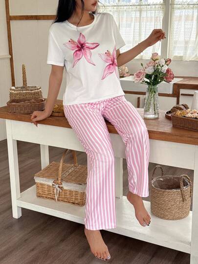 Women Girls Bloemen Print Short Sleeve Top Gestreepte Long Pants Pajama Set, Sets Lounge Pyjama Set Roze view 5