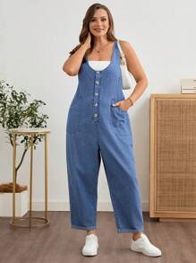 EMERY ROSE Mature Denim Bộ đồ liền thân denim hai túi thường ngày mùa hè cỡ lớn - Rửa trung bình - Xem 6