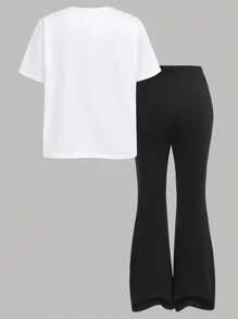 Girlism 青少年女孩两件套：可爱蕾丝蝴蝶结印花短袖 T 恤和喇叭裤，休闲简约夏季服装 - 黑與白 - 查看 2