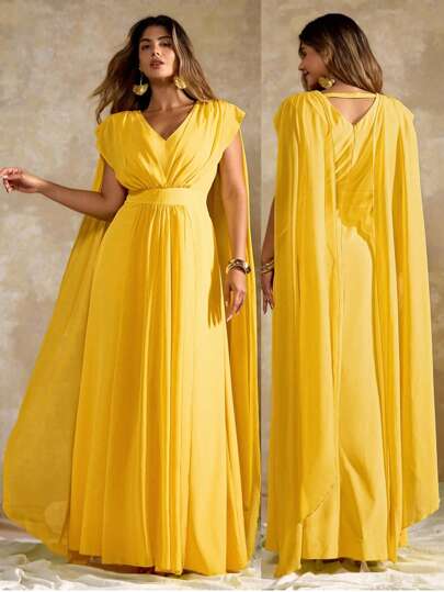 Roveilla Plus Size V-Neck Chiffon Cutout Flowy Long Dress, Elegant Formal Evening Gown Yellow Maxi Dress Yellow Formal Dress Yellow Evening Gown Yellow Bridesmaid Dress Yellow Wedding Guest Dress Yellow Cape Dress Yellow Gown