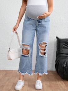 SHEIN Maternity Straight Leg Cropped Denim Jeans - Light Wash - View 6